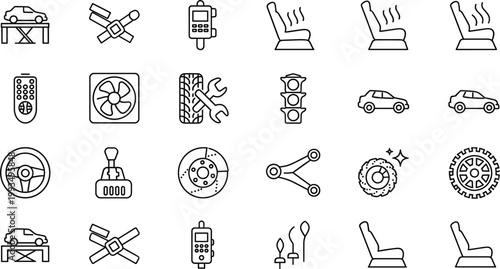 Automotive repair and maintenance icon set featuring car service tools diagnostics parts and workshop equipment outline vector illustration