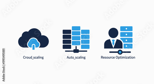 Cloud computing infrastructure scaling and resource optimization icon set with computing optimization infrastructure technology management business internet efficiency communication analytics