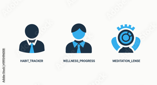 People and personal wellness tracking icons for digital health habit monitoring with wellness meditation tracking personal progress interface lifestyle mindfulness exercise achievement