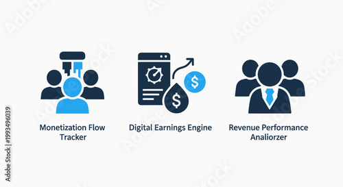 Monetization flow and digital earnings performance analytics icons with monetization earnings performance analytics business corporate investment strategy calculation optimization financial