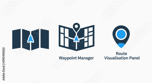 Route planning waypoint manager and map visualization icons with navigation waypoint visualization location tracking logistics planning transport direction technology interface positioning