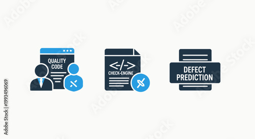 Software development quality assurance and defect prediction icons with software development prediction programming engineering debugging assurance technology analysis professional computer