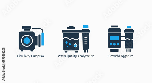 Water quality analysis and filtration system icons for industrial monitoring with analysis monitoring industry treatment purification technology environment industrial laboratory management