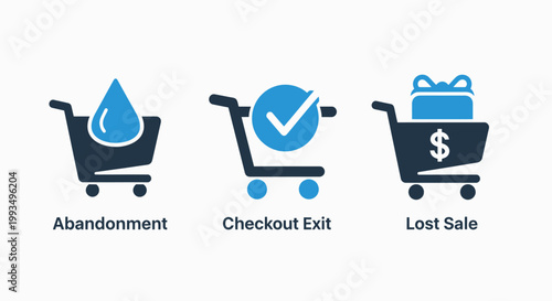 E-commerce shopping cart abandonment and checkout process icons with shopping ecommerce checkout abandonment business marketing purchase conversion transaction customer behavior analytics