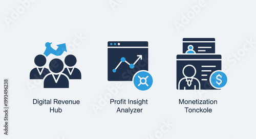 Digital revenue hub profit insight analyzer and monetization toolset icons with analyzer monetization business analysis strategy management accounting marketing corporate investment planning