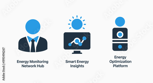Smart energy monitoring and optimization system icons with monitoring insights optimization platform electricity sustainability management analysis efficiency consumption resource software