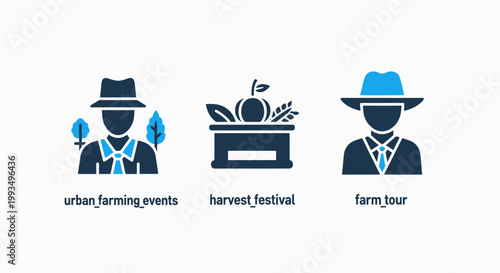 Set of agricultural and farming business icons featuring urban farming harvest festival and farm tours agriculture business festival agribusiness community cultivation vegetables harvesting