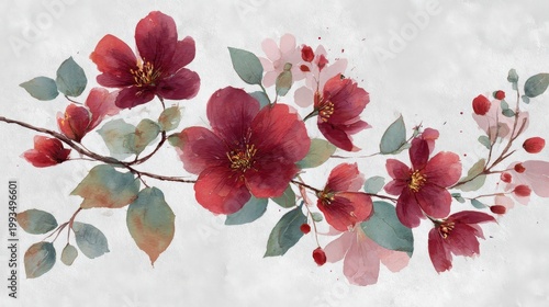 Romantic burgundy florals in watercolor on leafy branches for wedding invites