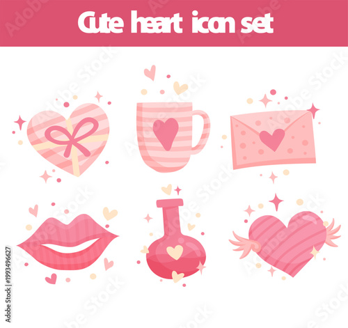 Pink Aesthetic Love Symbol Set with Hearts and Flowers 