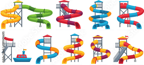 Colorful Cartoon Water Park Spiral Tube Slide and Pool Attraction Collection Vector Illustration Set for Summer Amusement Design