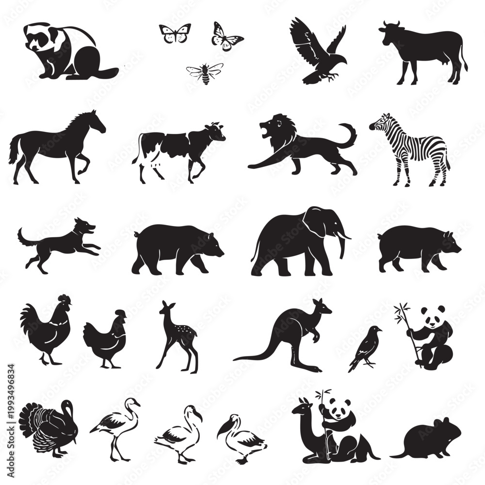 Fototapeta premium Collection of animal silhouettes with silhouette wildlife illustration collection graphics domestic elephant kangaroo