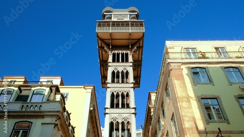 Iconic Santa Justa elevator under blue sky, Lisbon, Portugal on sunny