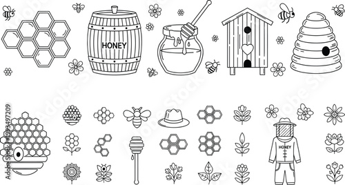Beekeeping and honey production icon set featuring hive bees flowers beekeeper tools and natural elements outline vector illustration