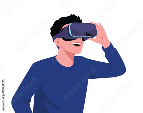 young man wearing vr headset. includes virtual reality, metaverse, future tech, gaming, innovation, cyberspace, augmented reality, and simulation. professional flat vector illustration