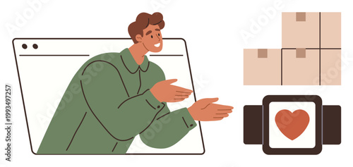 Online shopping, package delivery, customer communication, e-commerce, logistics, digital commerce. A person emerging from a browser, stacked boxes and a smartwatch with a heart. Online shopping