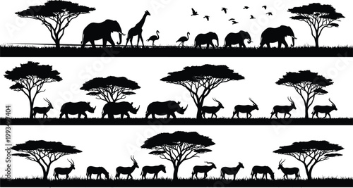 African safari landscape silhouettes with wildlife animals and acacia trees, panoramic jungle scene set isolated on light background, black vector illustration