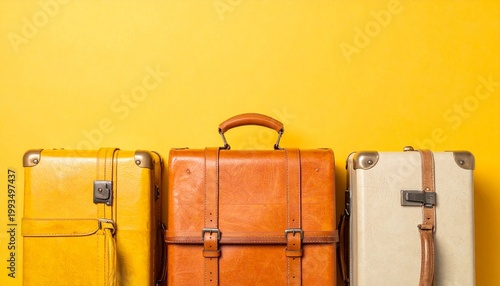 Vintage suitcases against bright yellow background