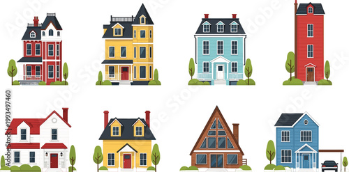 Colorful house collection with modern and classic residential buildings, suburban homes set with trees and garages isolated on light background vector illustration