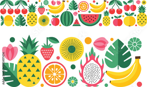 Colorful tropical fruits collection including pineapple, banana, watermelon, orange, strawberry and cherry, flat summer food vector set isolated on light background