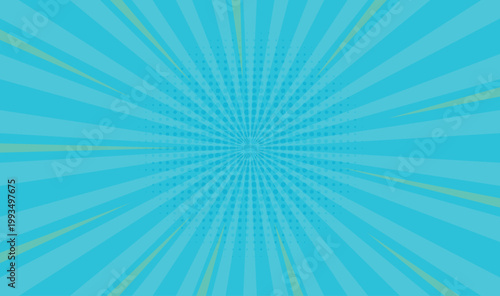 A vibrant turquoise background featuring radiating lines and a central burst effect comic style