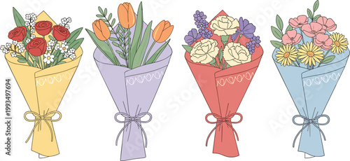 Hand drawn flower bouquets collection with tulips, roses and mixed blossoms, pastel floral arrangements set isolated on light background vector illustration