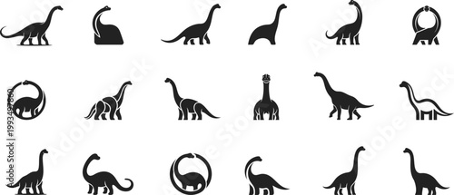 Brachiosaurus Dinosaur Silhouettes - Sauropod Long Neck Dino Logo Set, Prehistoric Animal Icons for Education, Museum Branding and Jurassic Graphics