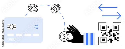 Digital payments, contactless transactions, financial technology, e-commerce, QR code scanning, cashless economy. Credit card, coins hand and QR code. Digital payments and contactless transactions