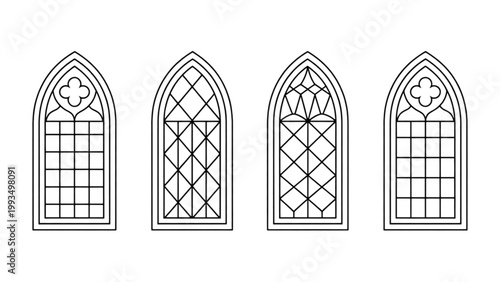 A collection of victorian style wooden doors with intricate glass panels and decorative hinges isolated on transparent background