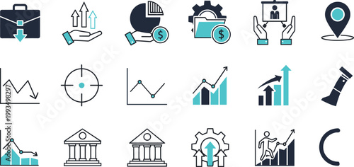 Business growth and financial analytics icon set featuring charts investment banking strategy and performance metrics vector illustration