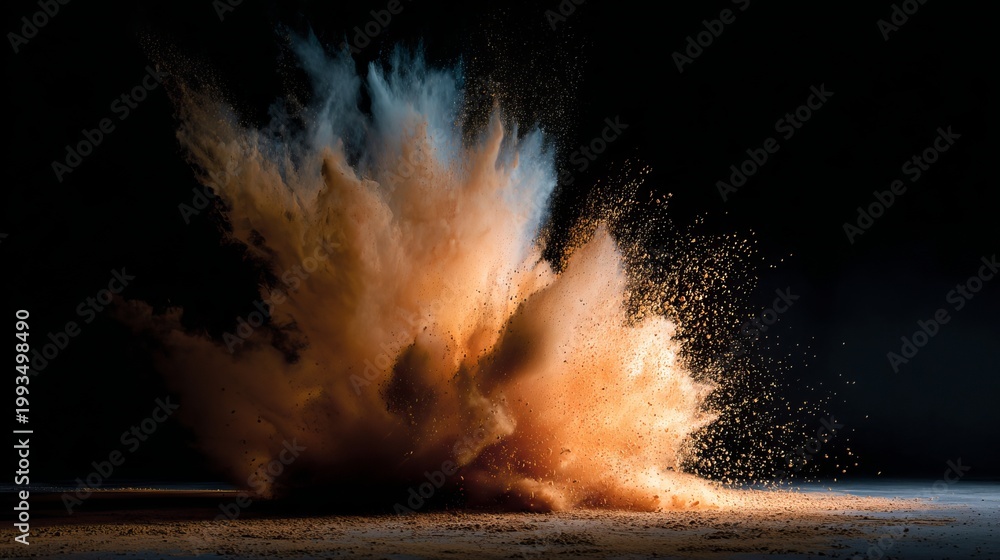 Fototapeta premium Bright powder bursts against a dark backdrop, captured mid-air.