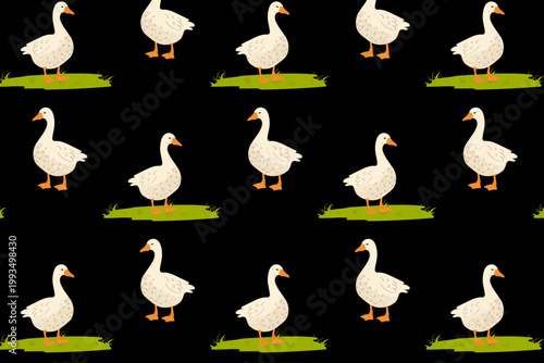 Seamless pattern featuring geese on a dark editable background, a farm poultry texture. A repeating vector design for rural poultry farming and organic farming.