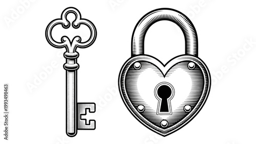 A detailed vintage illustration of a decorative brass key with intricate engravings and a circular bow isolated on transparent background