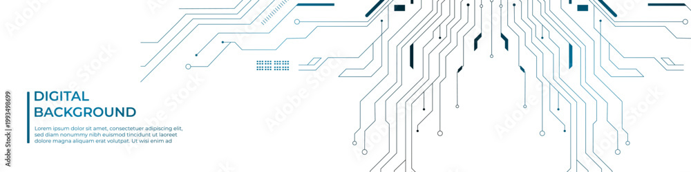 Obraz premium Futuristic digital circuit technology background featuring glowing lines, nodes, and electronic connections. High-tech abstract backdrop inspired by motherboard and data network structure. Perfect for