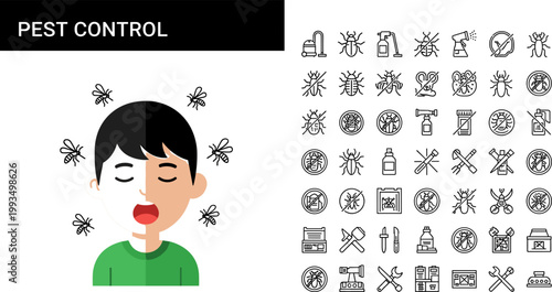 Pest Control Man Suffering from Insect Bites with Outline Icon Set Spray Bug Prohibition Vector Illustration for Health Design
