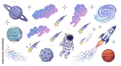 Cosmic Galaxy Vector Set of Planets, Stars and Nebula Clouds in Pastel Space Illustration Bundle