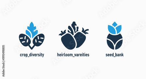 Crop diversity heirloom varieties seed bank icons with gene bank seed storage food security agriculture technology sustainable farming food production genetic diversity agricultural science