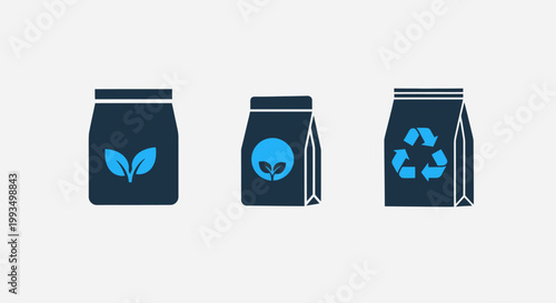 Three bags with eco friendly symbols leaf icon recycle symbol nature icon organic food organic produce environment sustainability business isolated background industry packaging fertilizer