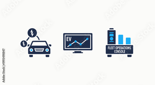 Electric vehicle charging and fleet management concept with car monitor showing ev graph battery console icons eco friendly charging management technology transport automobile performance