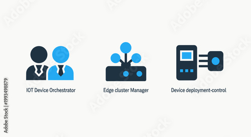 Io t device management icons with internet of things management system management orchestration deployment connection technology automation software collection business computer monitoring