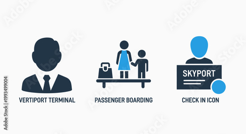 Vertiport terminal passenger boarding skyport check-in icons with check in vertiport terminal passenger boarding check-in transport aviation mobility technology business departure building