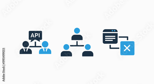 Icons depicting api integration team hierarchy data access with error integration application programming interface hierarchy structure organization connection software development