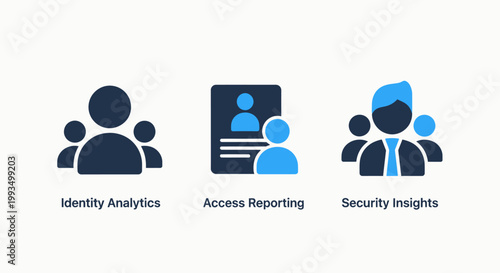 User management icons: identity analytics access reporting security with human resources digital identity analytics reporting security management information business technology