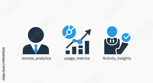 Icons for remote analytics usage metrics activity insights with flat design analytics insights performance business technology monitoring reporting statistics progress analysis illustration