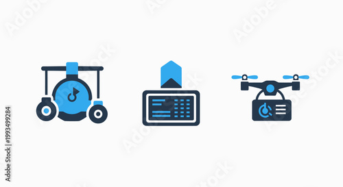 Industrial crane lifting object safe deposit box with upload drone delivering hazardous material package icons industrial delivering hazardous material logistics technology security