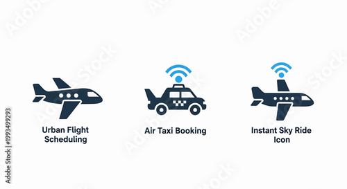Urban flight scheduling air taxi booking instant sky rate icons for aviation and mobility services with scheduling aviation mobility transport technology airplane wireless illustration