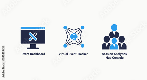 Virtual event management and analytics hub console icons featuring event dashboard and interactive session tracking graphics dashboard analytics management conference audience participant