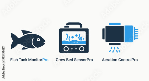 Aquaponics system monitoring icons representing fish tank monitor pro grow bed sensor pro and aeration control pro automation tools with aquaponics aeration aquaculture hydroponics agriculture