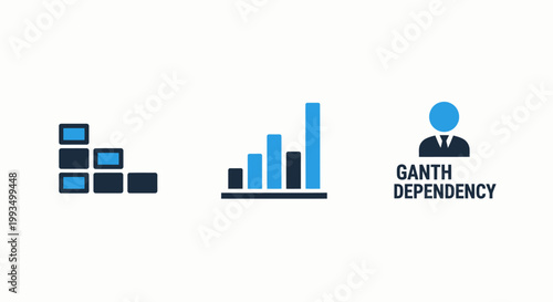 Business analytics and data management icon set featuring growth bar chart data structure blocks and user graph dependency symbol business analytics management dependency statistic structure