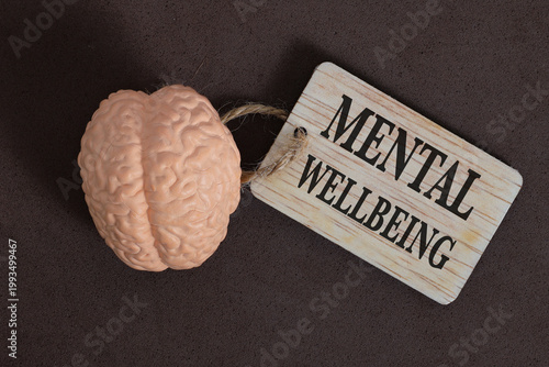 Mental Wellbeing Awareness Concept with Brain Model and Informational Tag