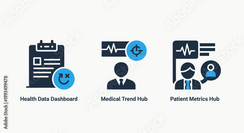 Medical healthcare data dashboard icons featuring patient metrics hub health records and cardiac vital signs monitoring application healthcare dashboard monitoring clipboard heartbeat hospital